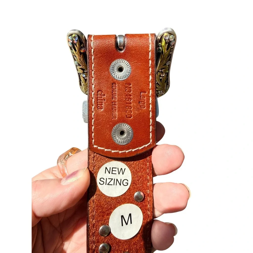 Womens‎ Floral Tooled Leather Western Belt Brown Rhinestone embossed L